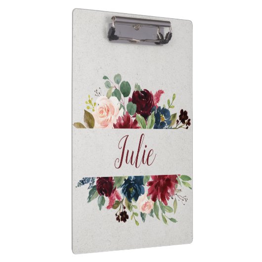 Marsala及び海軍花のぼろぼろのシックなパーソナライズ クリップボード (右)