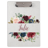 Marsala及び海軍花のぼろぼろのシックなパーソナライズ クリップボード (正面)