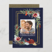 Marsala素朴フローラネイビー写真Save the Date 案内ポストカード (正面/裏面)