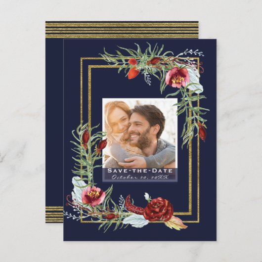 Marsala素朴フローラネイビー写真Save the Date 案内ポストカード (正面/裏面)