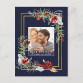 Marsala素朴フローラネイビー写真Save the Date 案内ポストカード (正面)