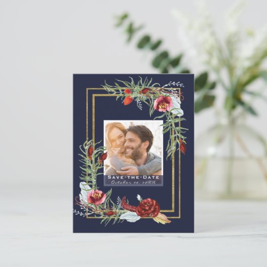 Marsala素朴フローラネイビー写真Save the Date 案内ポストカード (スタンド正面)