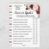 Marsala花の上または下ブライダルシャワーゲーム (正面/裏面)