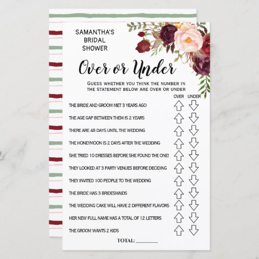 Marsala花の上または下ブライダルシャワーゲーム (正面/裏面)