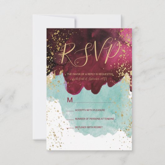 Marsala赤ティール(緑がかった色)水カラー金ゴールドスプラッシュRSVP 出欠カード (正面)