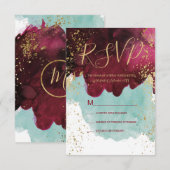 Marsala赤ティール(緑がかった色)水カラー金ゴールドスプラッシュRSVP 出欠カード (正面/裏面)