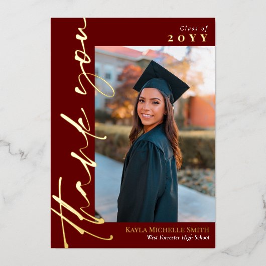 Marsala金ゴールドスクリプト写真卒業ありがとう 箔招待状 (正面)