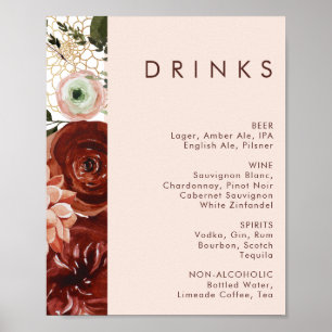 Marsala Autumn Floral Blush Wedding Drinks Menu ポスター