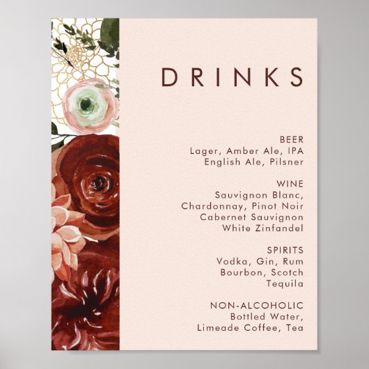 Marsala Autumn Floral | Blush Wedding Drinks Menu ポスター (正面)