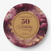 Marsala blush gold floral woman 50th birthday ペーパープレート (正面)