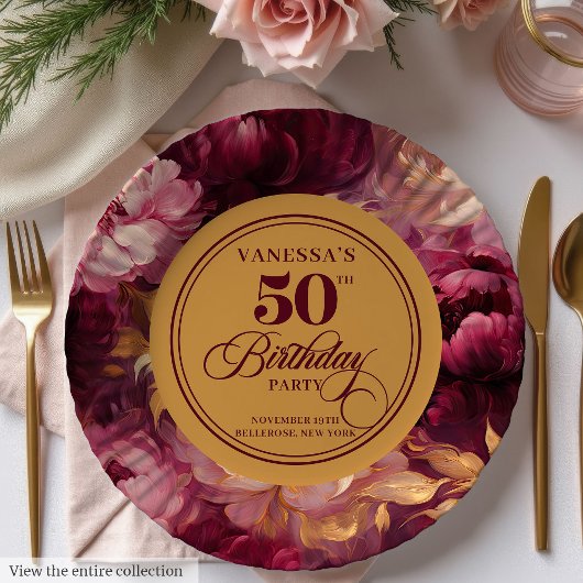 Marsala blush gold floral woman 50th birthday ペーパープレート