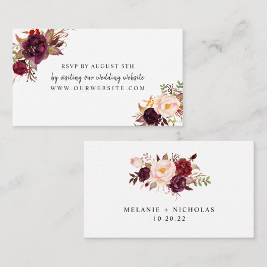 Marsala BurgundyフローラRSVPウェブサイトカード エンクロージャーカード (正面/裏面)