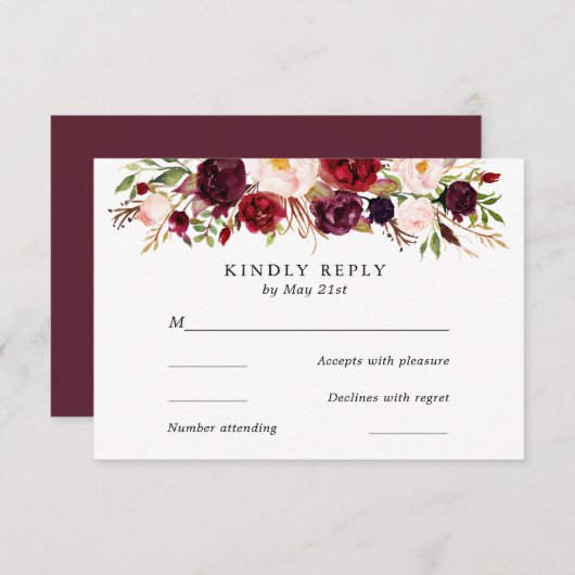 Marsala Burgundy花の結婚式RSVPカード 出欠カード (正面/裏面)