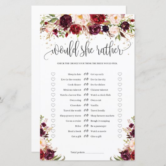 Marsala burugndy金ゴールドフローラは彼女はむしろゲームをする (正面/裏面)