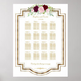 Marsala Floral Gold Wedding Seating Chart ポスター