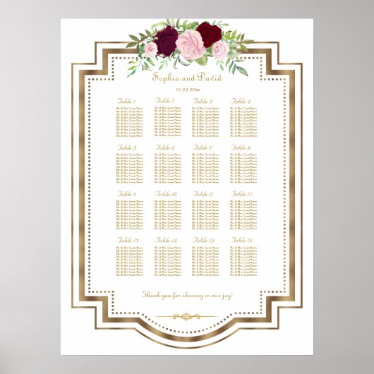 Marsala Floral Gold Wedding Seating Chart ポスター (正面)