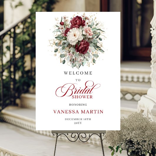 Marsala Flowers Eucalyptus Bridal Shower Welcome ポスター