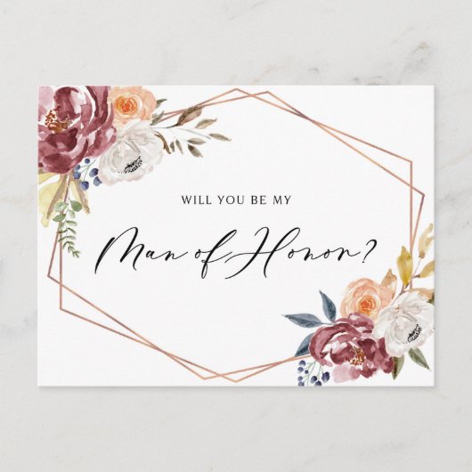 Marsala Flowers Geometric Be My Man Of Honor Card インビテーションポストカード (正面)