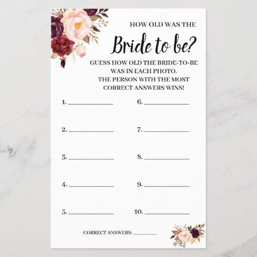 Marsala Flowers Shower Game Cardの年齢 チラシ (正面)