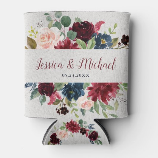 Marsala & Navyフローラミスター&ミセス・結婚式の引き出物 缶クーラー (正面)