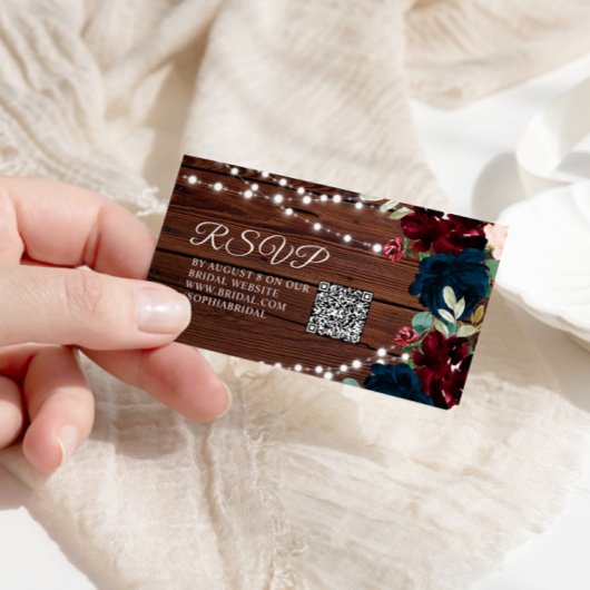 Marsala & Navyフローラ素朴ブライダルシャワーQR RSVP エンクロージャーカード