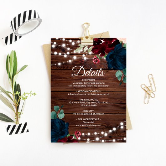 Marsala & Navy花の結婚詳細囲い エンクロージャーカード