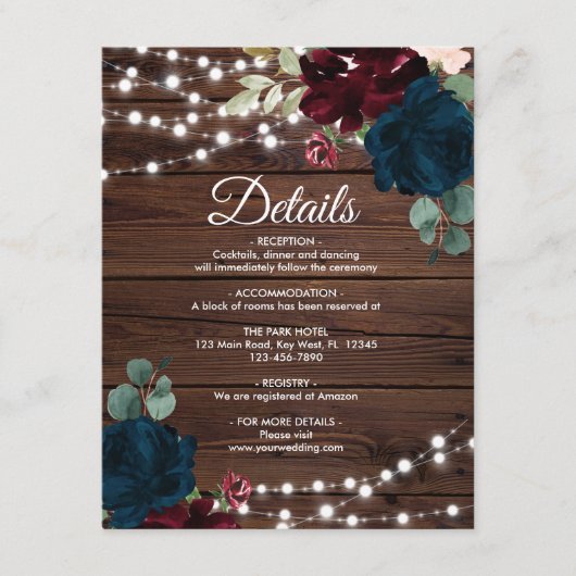 Marsala & Navy花の結婚詳細囲い エンクロージャーカード (正面)