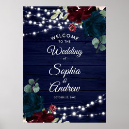 Marsala & Navy花素朴木歓迎サイン ポスター