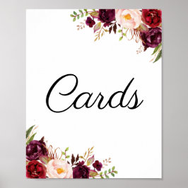 Marsala & Pink Floral Wedding Cards Sign ポスター