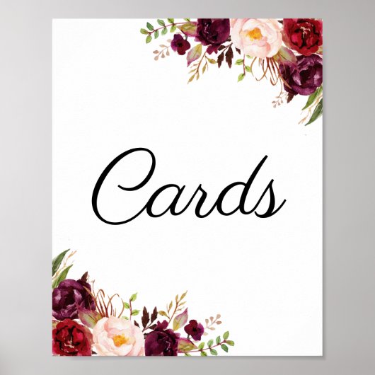 Marsala & Pink Floral Wedding Cards Sign ポスター (正面)