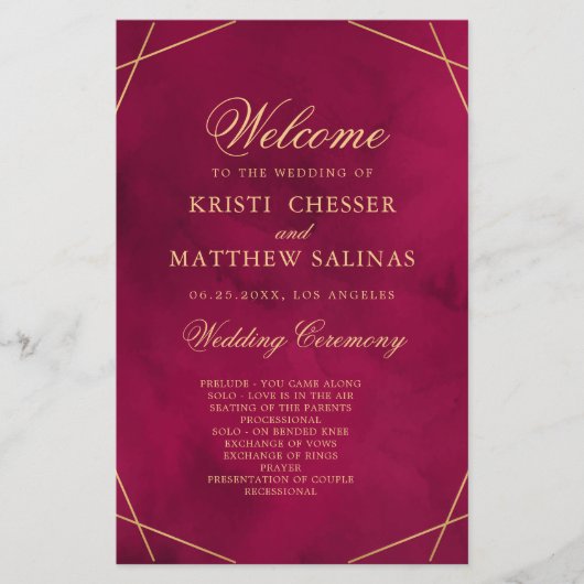 Marsala Red Modern Watercolor Wedding Program Card (正面)