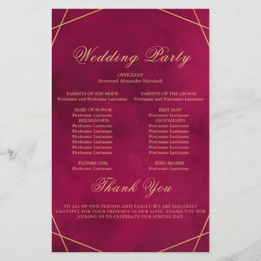 Marsala Red Modern Watercolor Wedding Program Card (裏面)