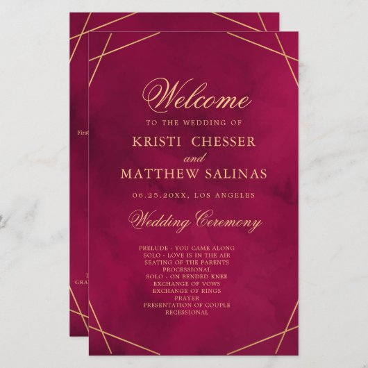 Marsala Red Modern Watercolor Wedding Program Card (正面/裏面)