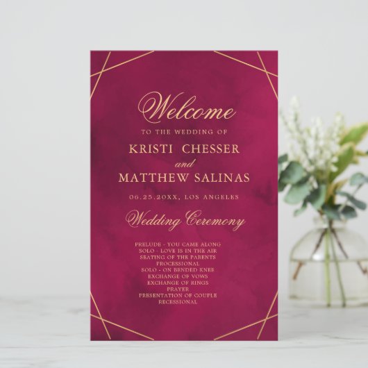 Marsala Red Modern Watercolor Wedding Program Card (スタンド正面)