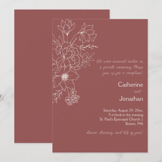 Marsala Vintage Line Drawn Floral Reception 招待状 (正面/裏面)