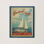 Martha's Vineyard Sailboat Vintage Travel ジグソーパズル<br><div class="desc">This Greetings From Martha's Vineyard Massachusetts vintage travel nautical design features a boat sailing on the water with seagulls and a blue sky filled with gorgeous puffy white clouds.</div>