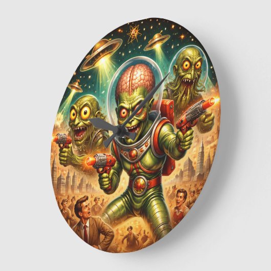 Martian Mayhem Retro Sci-Fi ラージ壁時計 (傾斜)