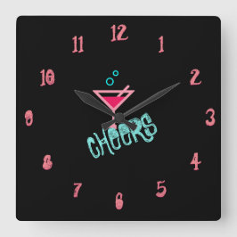 Martini – アルコールドリンクポップ・アートのアート、ピンク&ターコイズ スクエア壁時計