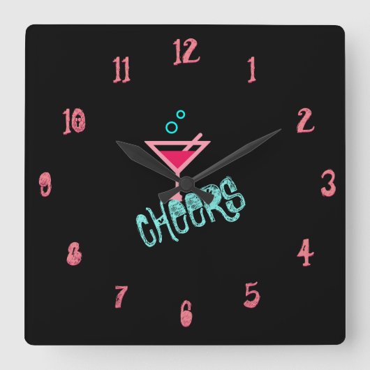 Martini – アルコールドリンクポップ・アートのアート、ピンク&ターコイズ スクエア壁時計 (正面)