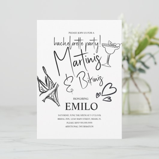 Martini Bikini Doodles Beach Bachelorette’s Party 招待状 (スタンド正面)