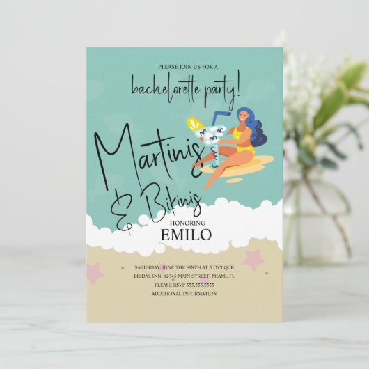Martini Bikini Fun Beach Bachelorette’s Party 招待状 (スタンド正面)