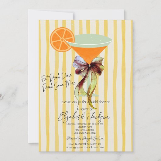 Martini Yellow Stripes Bow Bridal Shower  招待状 (正面)