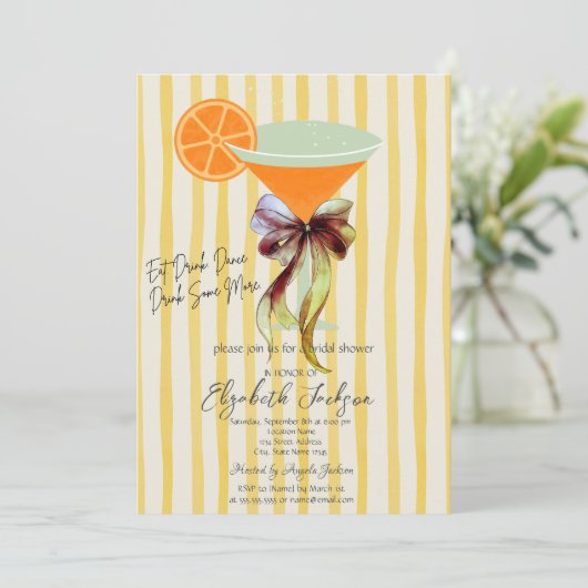 Martini Yellow Stripes Bow Bridal Shower 招待状 (スタンド正面)