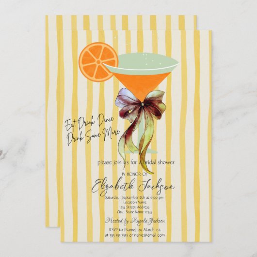 Martini Yellow Stripes Bow Bridal Shower  招待状 (正面/裏面)