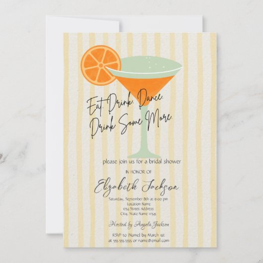  Martini Yellow Stripes Bridal Shower 招待状 (正面)