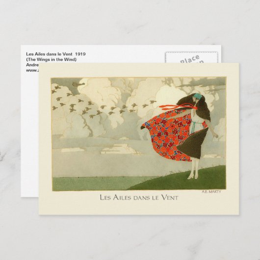 Martyヴィンテージアールデコファッション翼の風 ポストカード (正面/裏面)