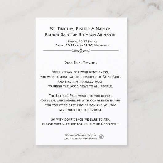 Martyr Prayer Holy Card St.テモテの司教 名刺 (裏面)
