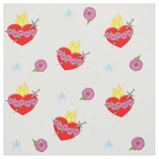 Maryのハートと白の背景のバラ ファブリック (見本)