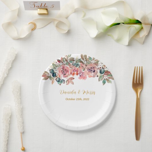 MARYウォーターカラーバラエメラルドグリーン結婚ズ ペーパープレート (ウェディング)