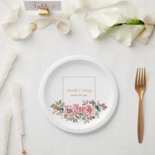 MARYウォーターカラーバラエメラルドグリーン結婚ズ ペーパープレート (ウェディング)